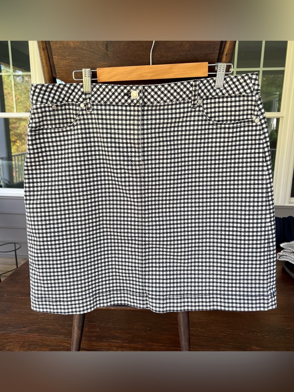 Talbots Gingham Check Skirt Size 16 Black White Cotton Blend Stretch Mini A Line